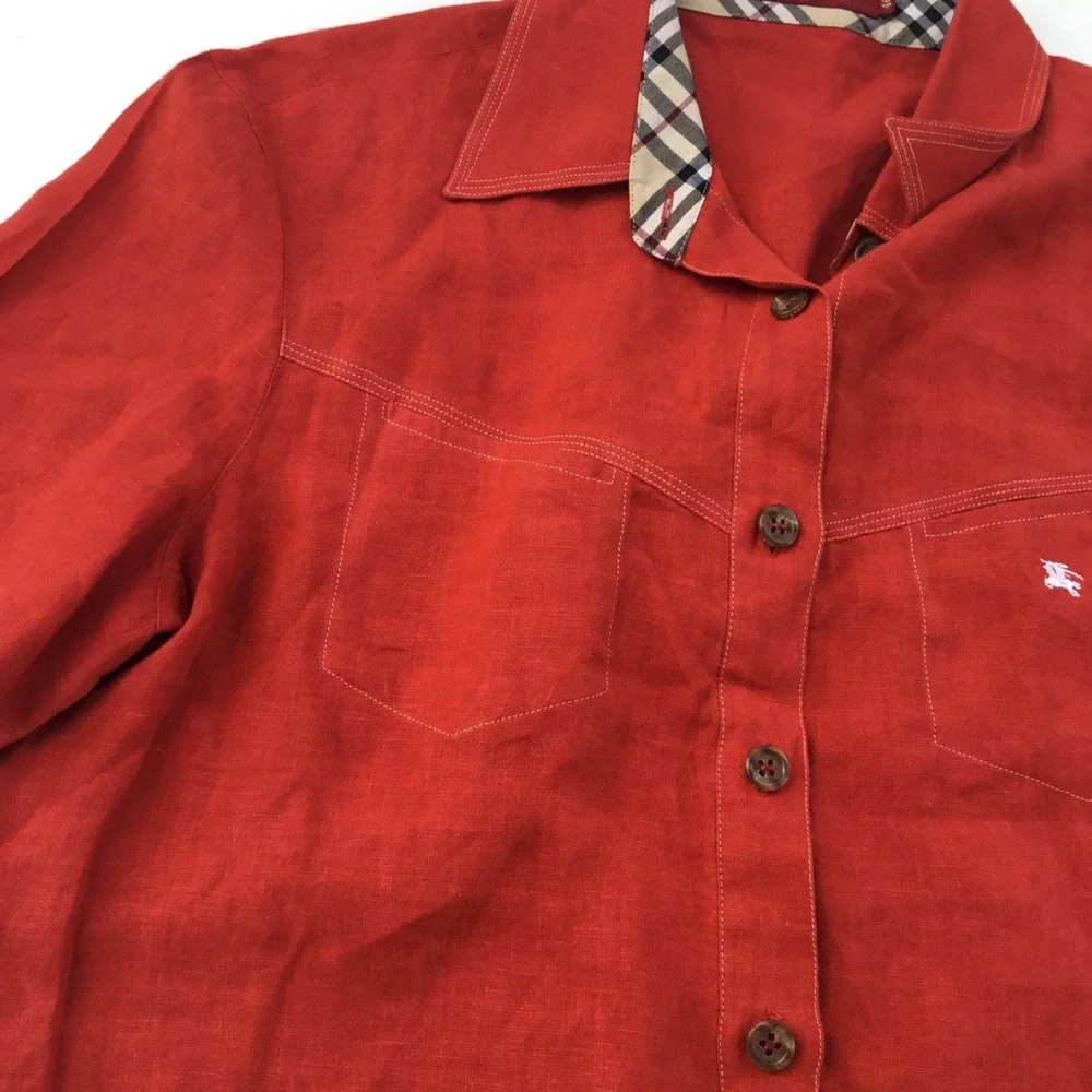 Burberry London Red 100% Linen Short Sleeve Button Down Shirt Nova Check Trim 46